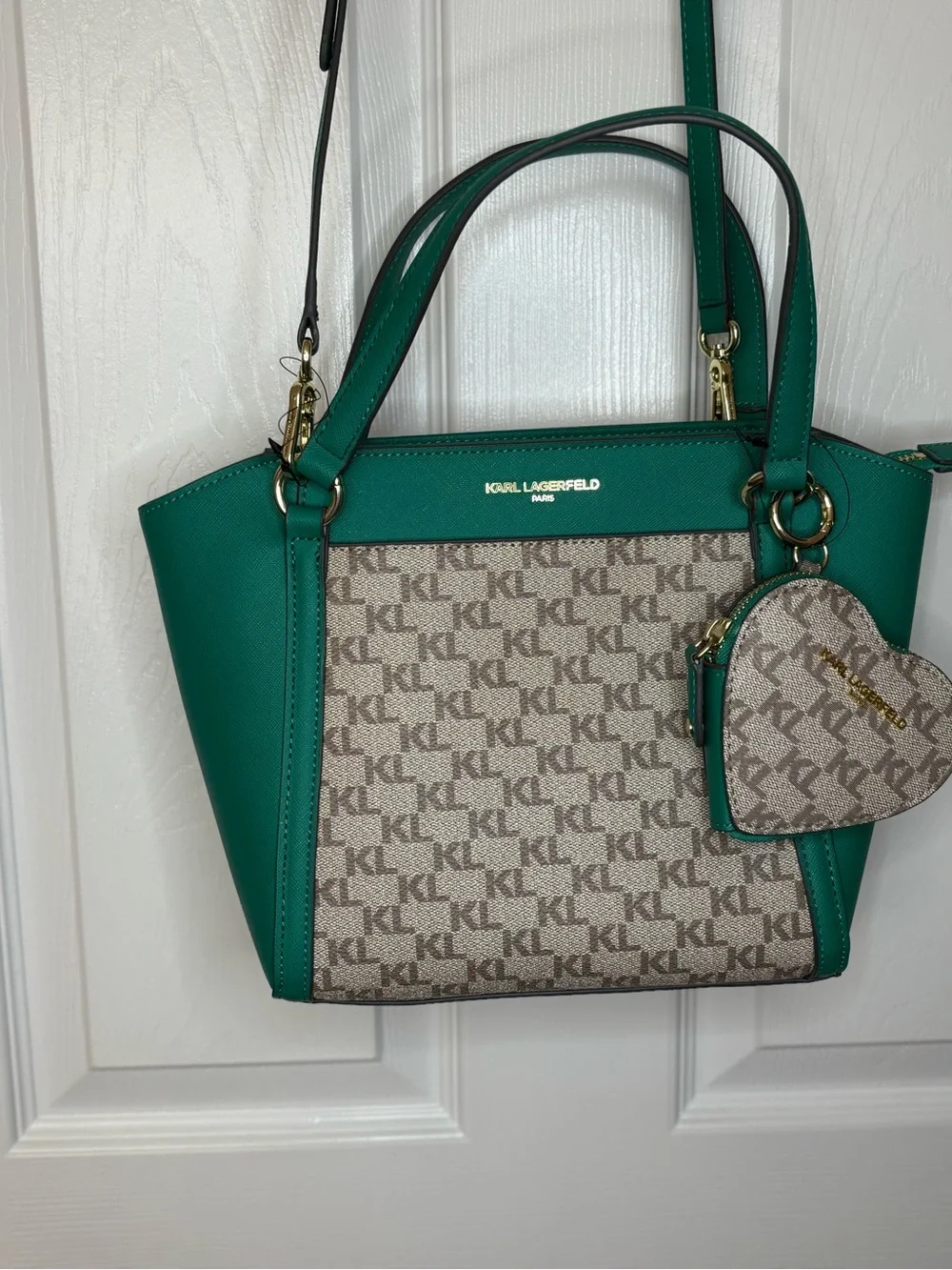 Karl Lagerfeld Teal and Beige Logo-Panel Satchel with Heart Charm